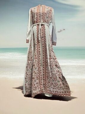 Palestinian tatreez White & Rust Floral Maxi Dress with zipper and Tie Waist